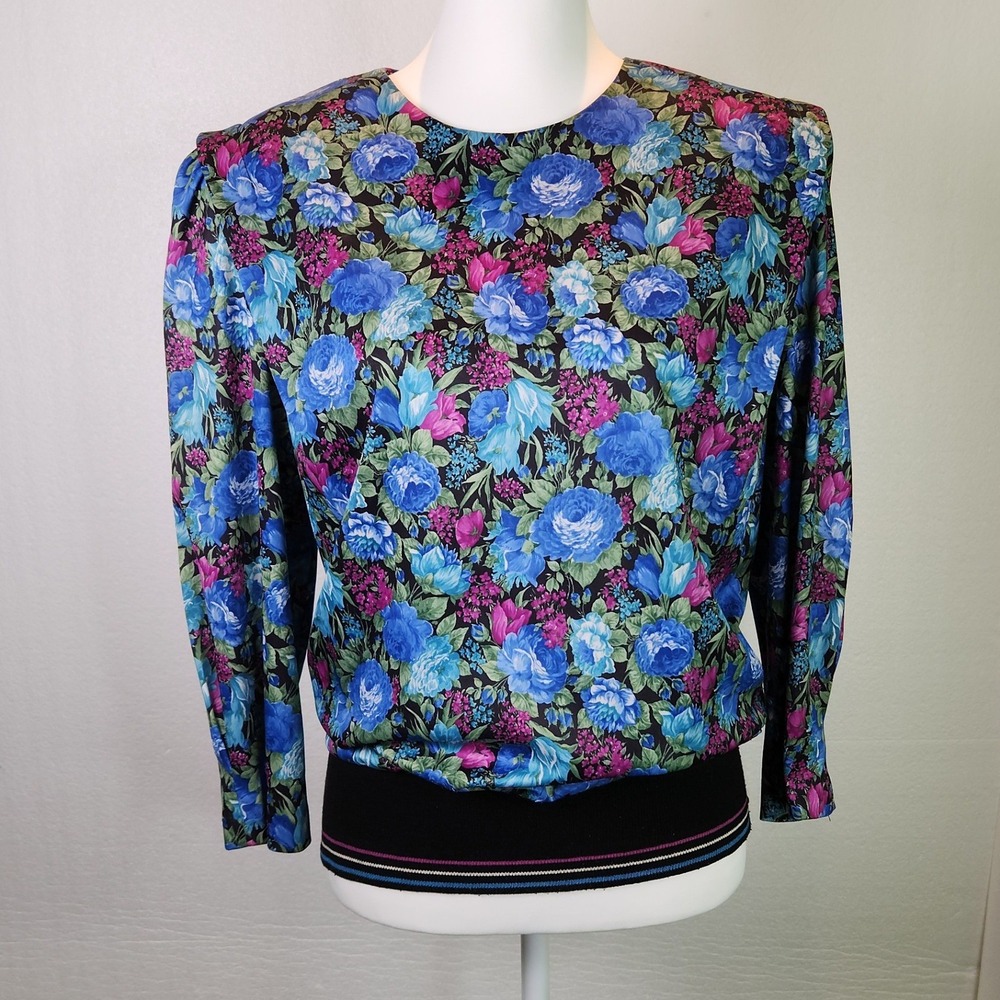 Vintage CB 1980s Floral Blouse Padded Shoulder Ribbed‎ Banded Waist Retro XL